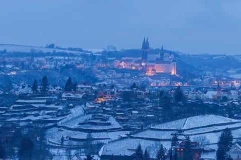 Viewpoint Juchhöh Spaargebirge at blue hour with view to Meissner Burgberg above the vineyards