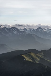 Evening mood, silhouettes, dramatic mountain landscape, view from Hochkönig, Salzburger Land,