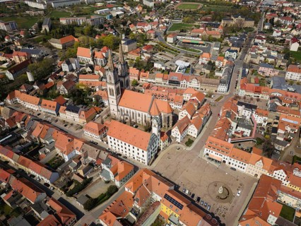 Oschatz in Central Saxony, St. Ägidien town church with Neumarkt and town hall