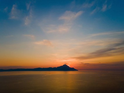 Aerial view, dawn, view of Mount Athos, Orthodox monastic republic with autonomous status under