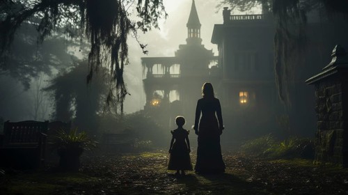 Eerie haunting ghostly silhouetted female and child figures walking in front of a foggy southern