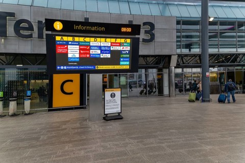 Information display about airlines operating at Terminal 3 building, London Heathrow Airport,