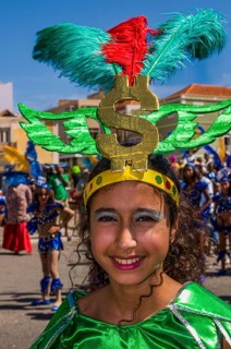 Colourful costumed, pretty woman. Carnival. Mindelo. Cabo Verde. Africa