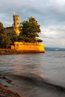Montfort Castle in thunderstorm mood, water, shore, summer, Langenargen, Baden-Württemberg,