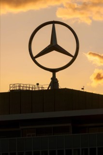 Merdedes star, Daimler, Mercedes-Benz, corporate headquarters, evening atmosphere, after sunset,