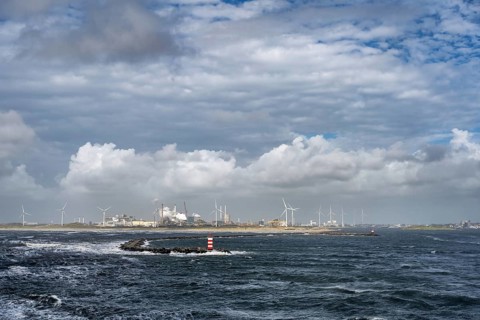 Noordpier Wijk Aan Zee, wind turbines and the steelworks of Tata Steel, North Holland, Netherlands