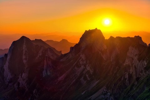 Alpstein Mountains at sunrise, view of Mount Hoher Kasten, Canton Appenzell Innerrhoden,
