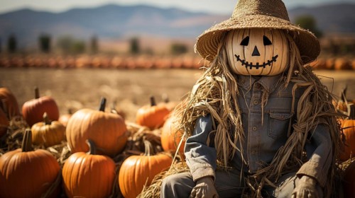 Scary ghostly halloween scarecrow figure sitting amongst the country pumpkin patch, generative AI