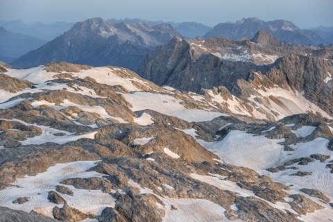 Remnants of snow, high alpine landscape, Übergossene Alm, Berchtesgaden Alps, Salzburger Land,