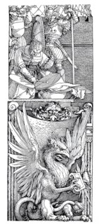 The triumphal arch for Emperor Maximilian, the top of the column, woodcut by Albrecht Dürer,