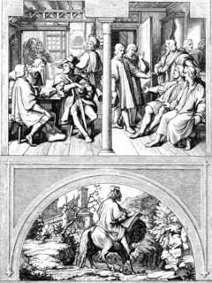 Martin Luther and the Swiss students in the inn, Jena (top left), Luther in the circle of