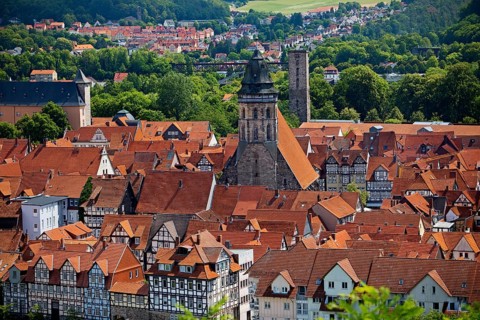 Town view from an elevated viewpoint with the church of St. Blasius, Hann. Münden or Hannoversch