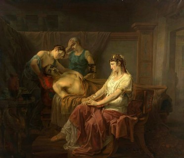 The mortally wounded Marcus Antonius with Cleopatra, Pharaoh Cleopatra VII born 69 BC, died 12