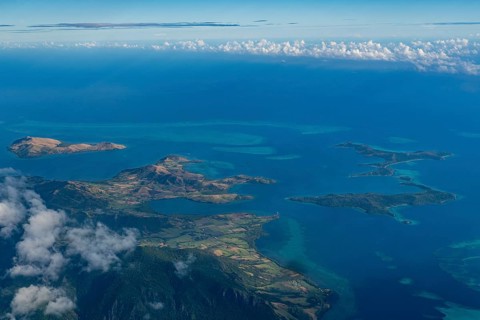 Aerial of little islets of the coast of Viti Levu, Fiji, South Pacific, Oceania