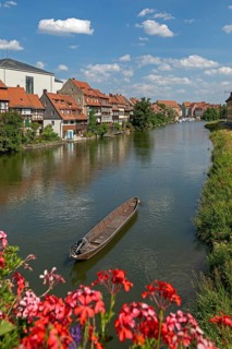 Houses, Boat, Little Venice, Regnitz, Bamberg, Upper Franconia, Bavaria, Germany, Europe