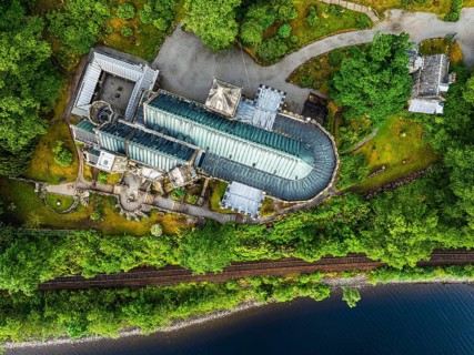 Top Down over St Conans Kirk from a drone, Loch Awe in Argyll and Bute, Scotland, UK