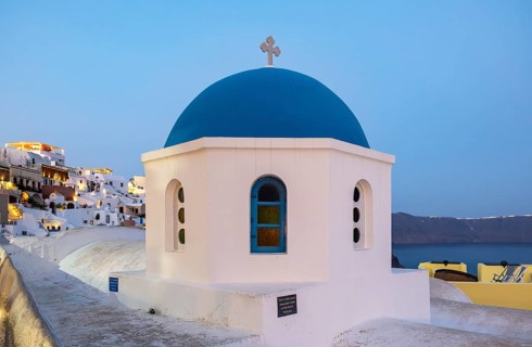 Blue-domed Church of Agios Nikolaos by night, Ia, Oia, Santorini, Greece, Europe
