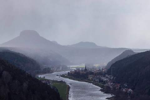 View from the small bastion in the Elbe Sandstone Mountains near Schmilka, high above the Elbe with