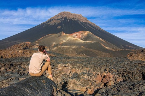 Man near Vulcano on Fogo. Cabo Verde. Africa