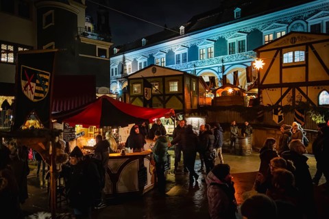 Medieval Christmas market in the stable yard of Dresden's Residenzschloss, a Renaissance knight's