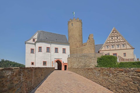Stairway to Scharfenstein Castle, Drebach, Ore Mountains, Saxony, Germany, Europe