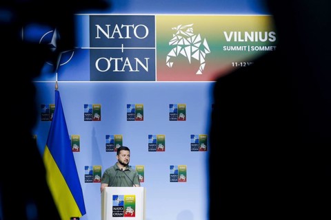Ukrainian President Volodymyr Selensky, pictured at a joint press conference at the NATO summit in
