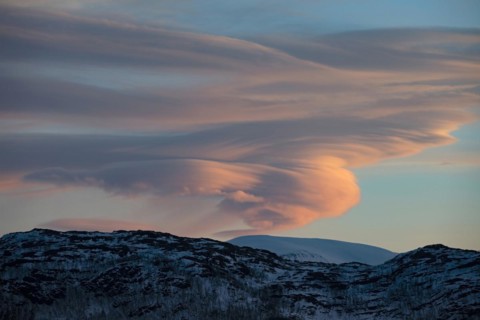 Lenticular clouds, Altocumulus lenticularis in winter in Norway