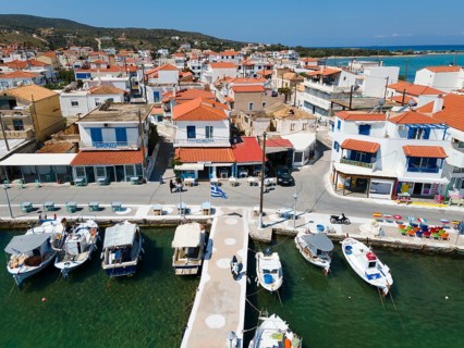 Drone shot, harbour, town of Elafonisos, Elafonisos, Deer Island, Laconia, Peloponnese, Ionian