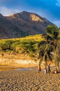 Young men, staying afternoon at sandbeach. Tarrafal. Santiago. Cabo Verde. Africa