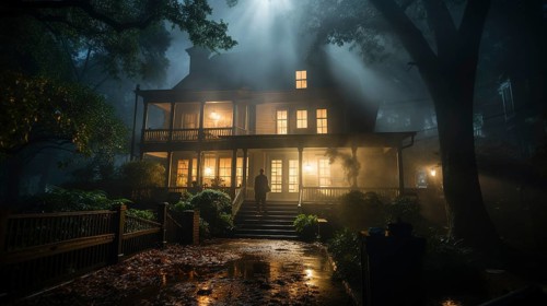 Dimly lit halloween haunted mansion with ghostly figure on steps amongst the foggy trees,