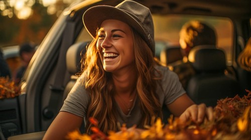 Young adult female farmer wearing cowboy hat sitting on the tailgate of her truck outdoors amongst