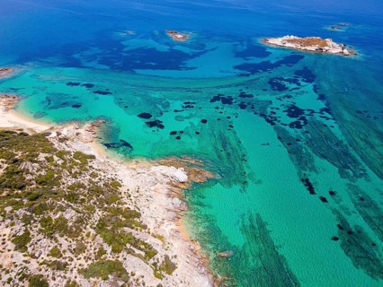 Aerial view, beach, Kriaritsi, Sithonia, Chalkidiki, Central Macedonia, Greece, Europe