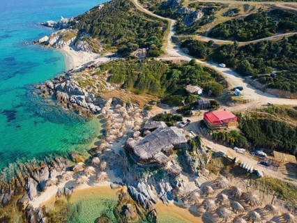 Aerial view, Tigania and Belka Beach, Kriaritsi, Sithonia, Chalkidiki, Central Macedonia, Greece,