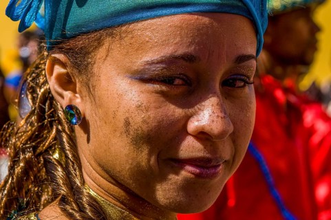 Portrait of colourful costumed, pretty woman. Carnival. Mindelo. Cabo Verde. Africa