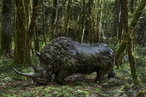 Diorama showing woolly rhinoceros (Coelodonta antiquitatis) at Prehisto Parc, theme park about