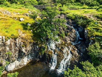 Eas Fors Waterfall from a drone, Isle of Mull, Scottish Inner Hebrides, Scotland, UK