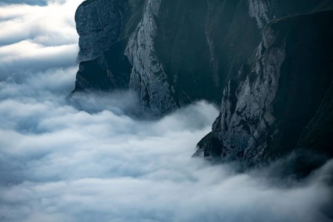 High fog in the valley, view from Säntis, Appenzell Ausserrhoden, Appenzell Alps, Switzerland,