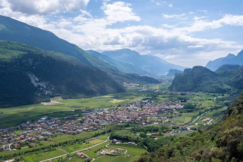 Town view, view of the Sarca Valley with the village of Dro, Garda Mountains, Arco, Trentino-Alto