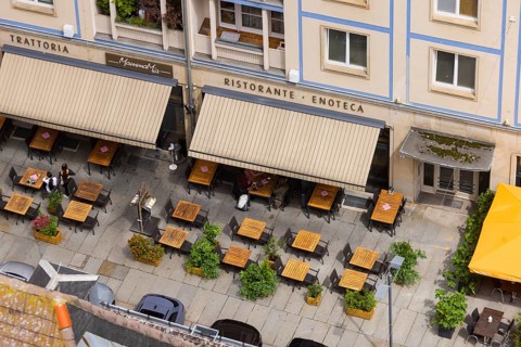 View from the town hall tower over the inner old town Street gastronomy in Kreuzstrasse