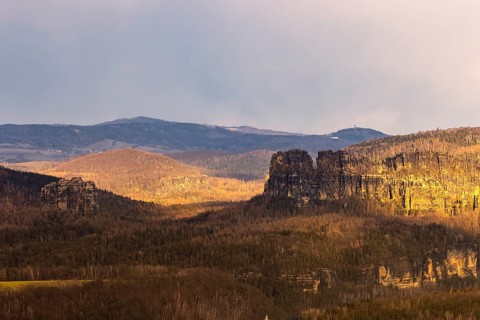 Sunset at the Papstein in Saxon Switzerland.view to the Schrammsteinen