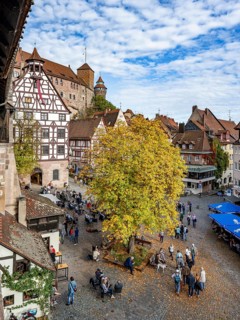 Square at the Tiergärtnertor with half-timbered houses, Pilatus House, at the Kaiserburg, in