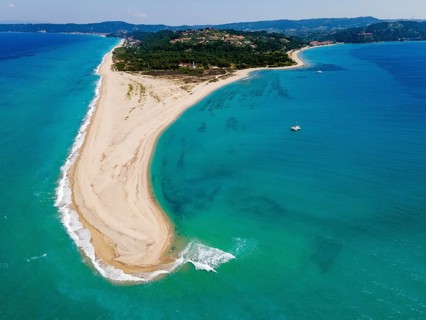 Aerial view with lighthouse, Cape Possidi, Kassandra, Chalkidiki, Greece, Europe