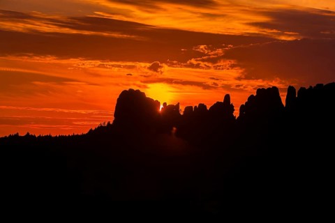 DEU Saxony Bad Schandau Sunset at the Kleine Bastei in the Schrammstein area
