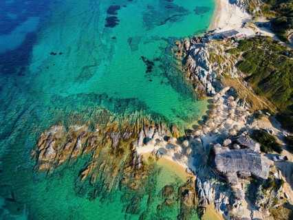 Aerial view, Prassou beach, Kriaritsi, Sithonia, Chalkidiki, Central Macedonia, Greece, Europe