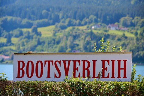 Sign, boat rental, Lake Millstatt, Millstatt, Carinthia, Austria, Europe