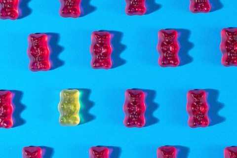 Red gummy bears and a yellow one in rows, on a blue background