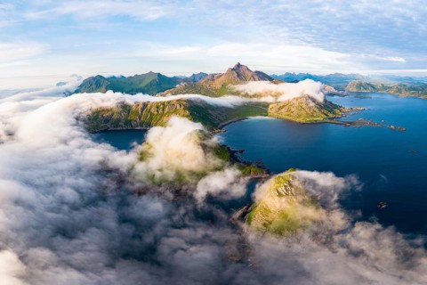 Coast, fjords and mountains, Mount Trehyrna, near Nykvag, Langoya island, Vesteralen archipelago,