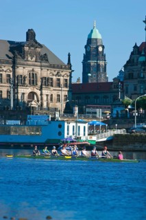 Rowing training on the Elbe in front of Dresden's Old Town