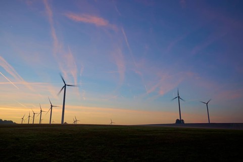 Wind turbines at dawn in the morning, Wertheim, Baden-Württemberg, Germany, Europe
