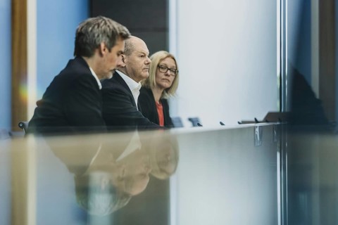 Olaf Scholz (SPD), Federal Chancellor, recorded at a federal press conference on current domestic